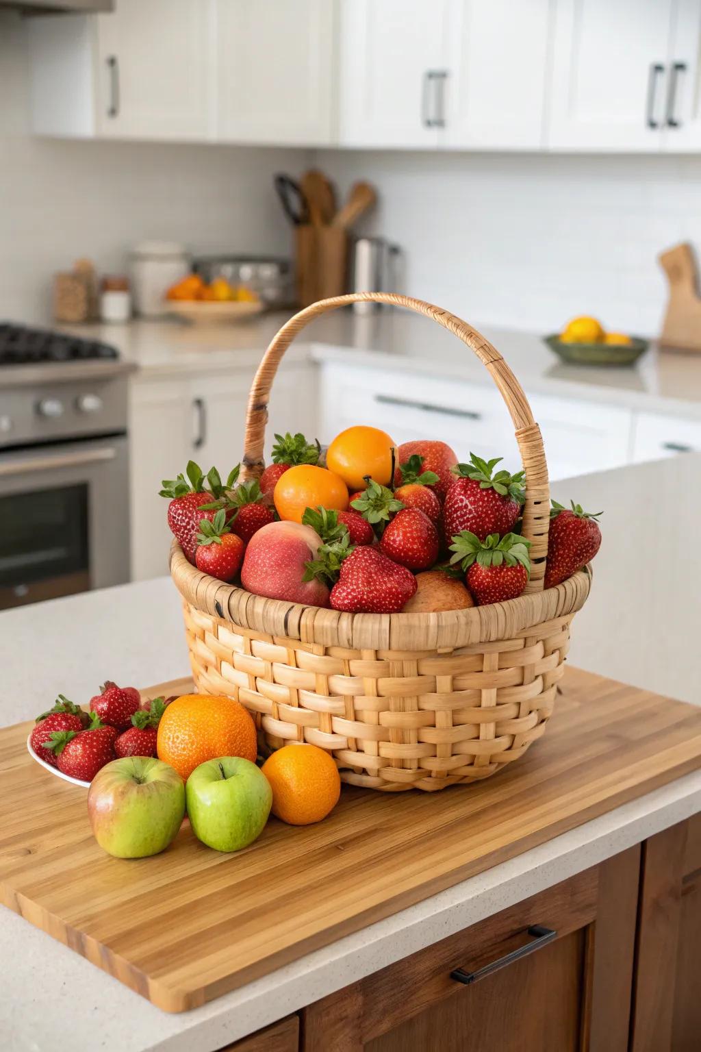 A bountiful May basket showcasing seasonal newly harvested fruits.