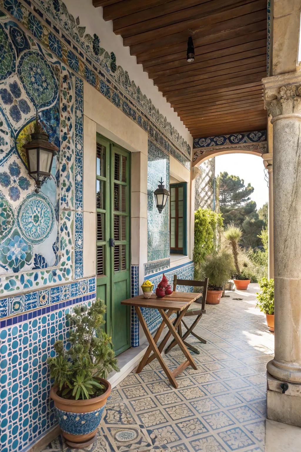 Mosaic tiles integrate artistic flair and chromatic vitality.