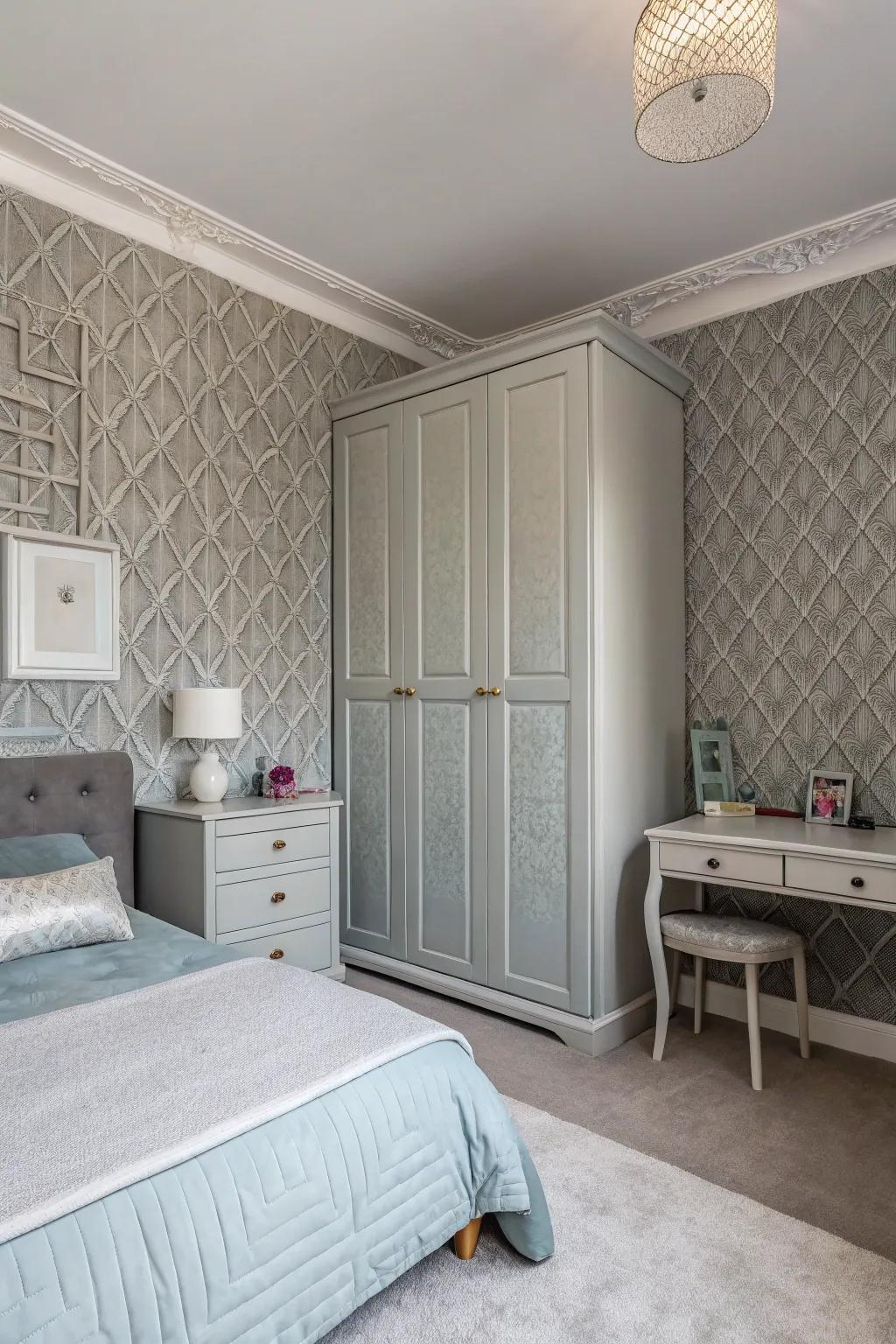 Textured wall panels add dimension to this grey bedroom.