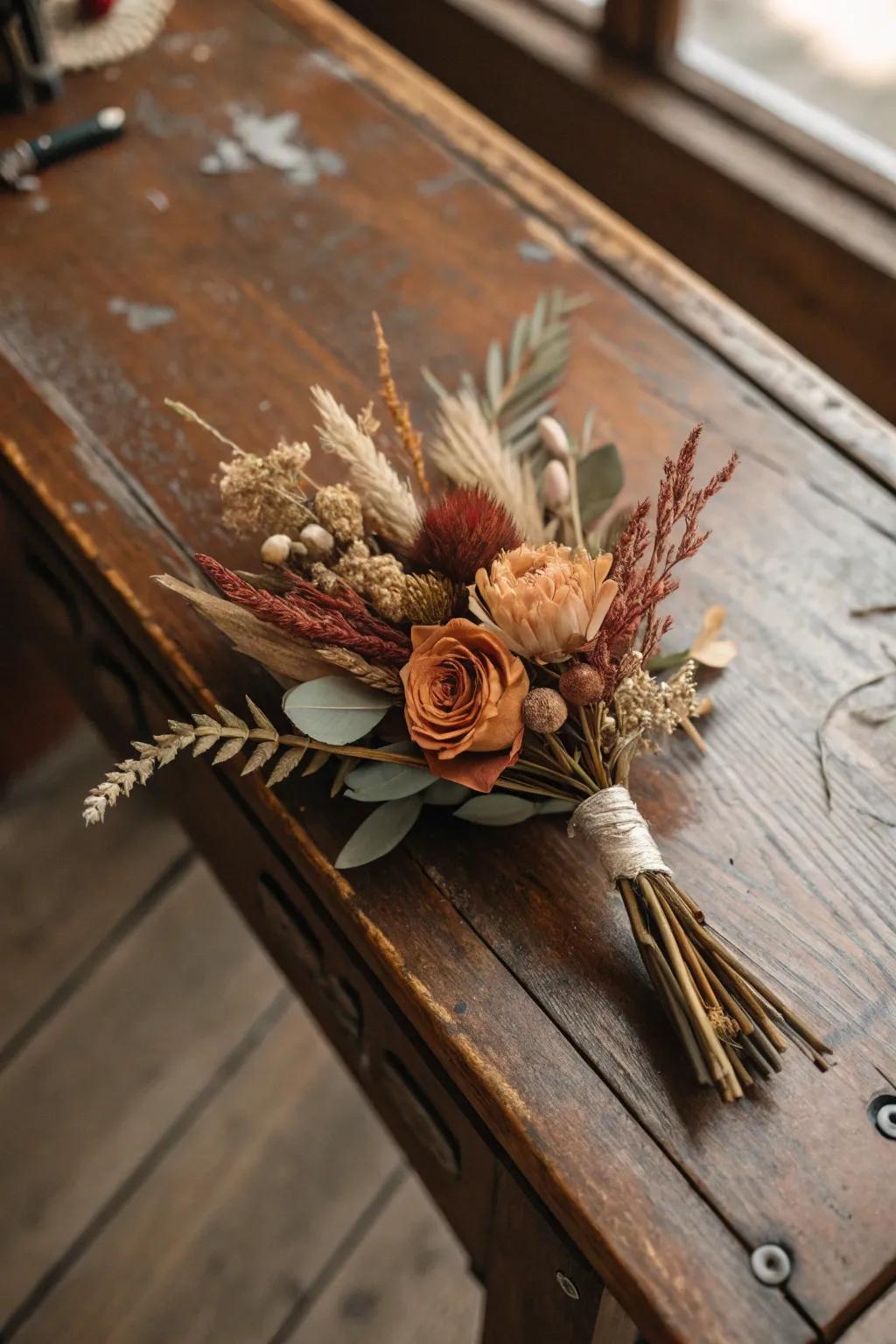 Preserved flowers craft a nostalgically inspired boutonniere.