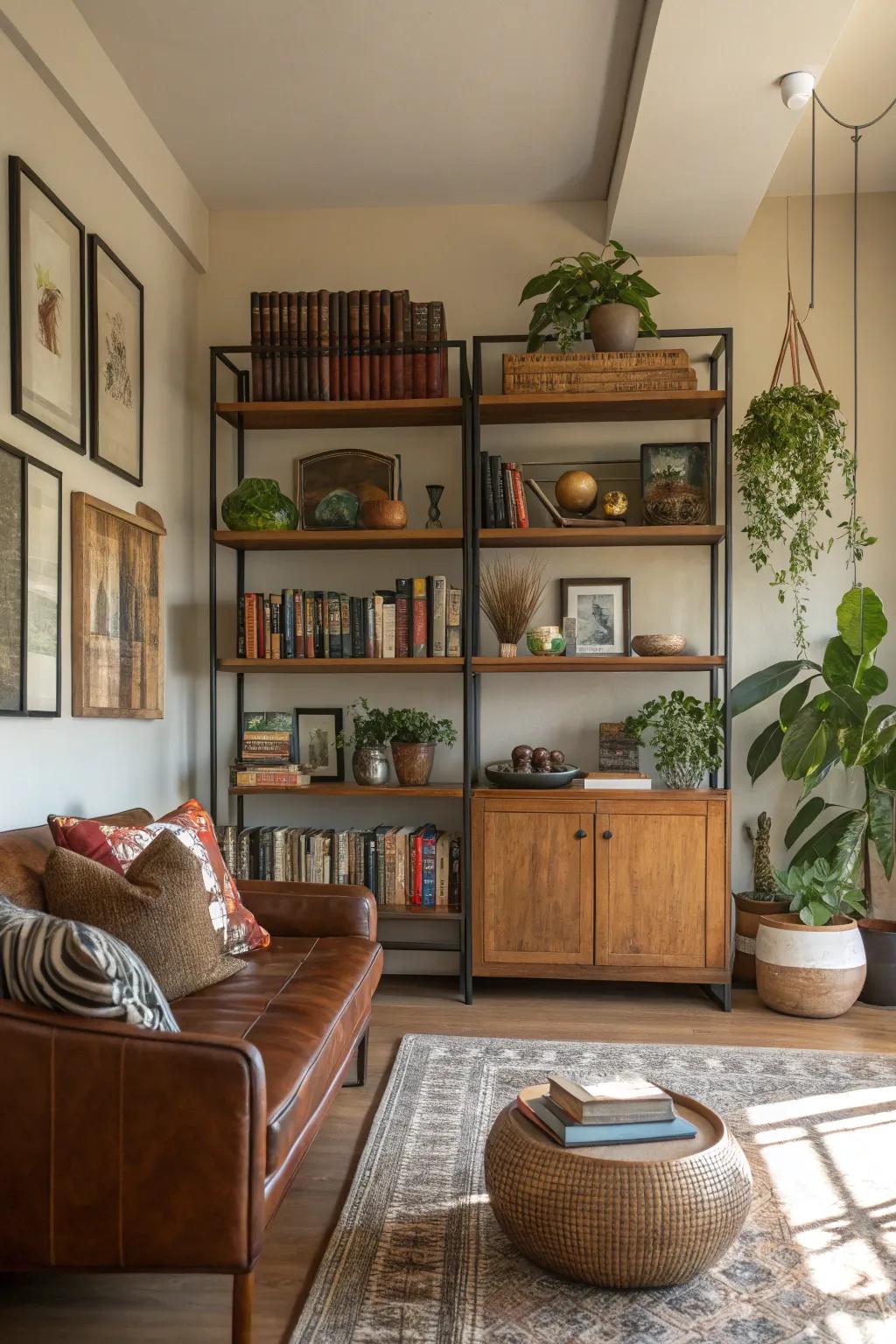 Open shelving provides a chic and functional display solution.