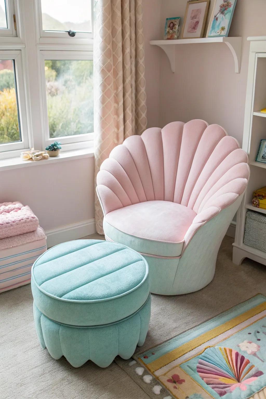 Shell-shaped furniture injects a sculptural feature.