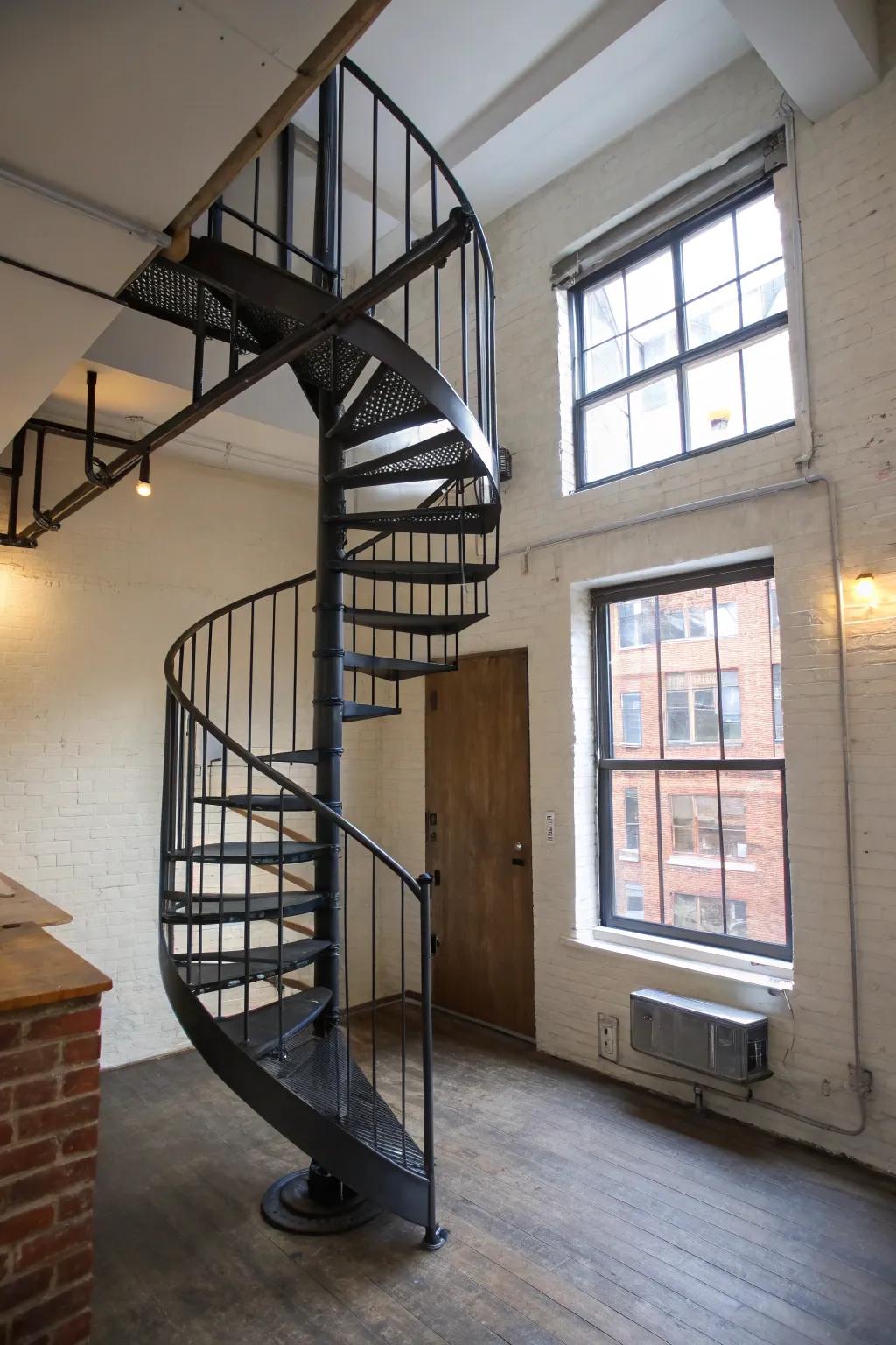 Conserve space gracefully through a miniature spiral stairway.