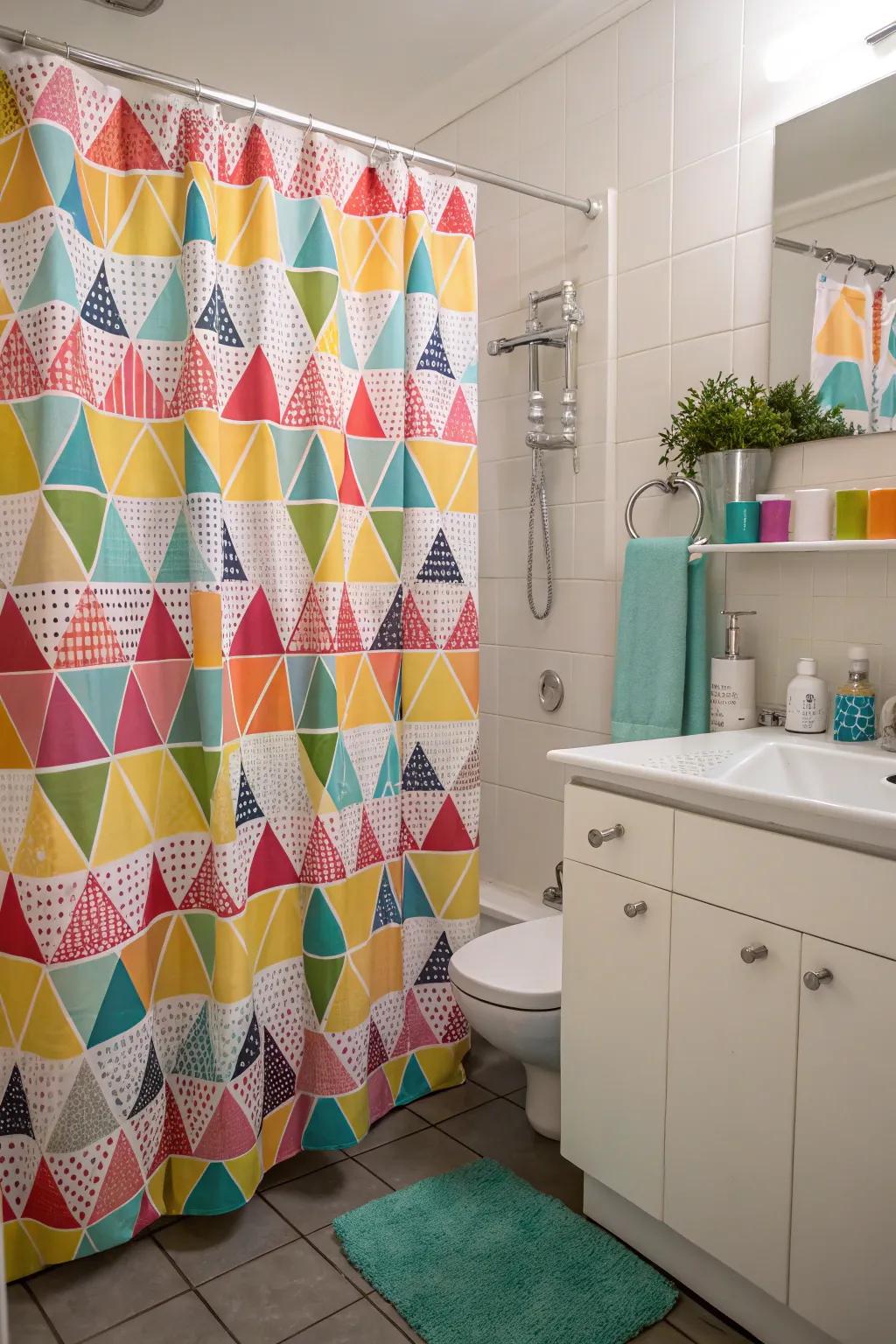 A vibrant shower curtain brightens the space.