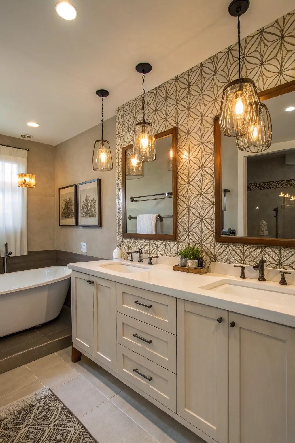 Suspended lights inject a dramatic flair into the unit area.