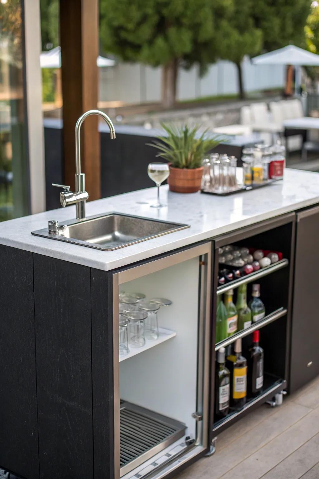 A small basin enhances the practicality and ease of use of a personal bar.
