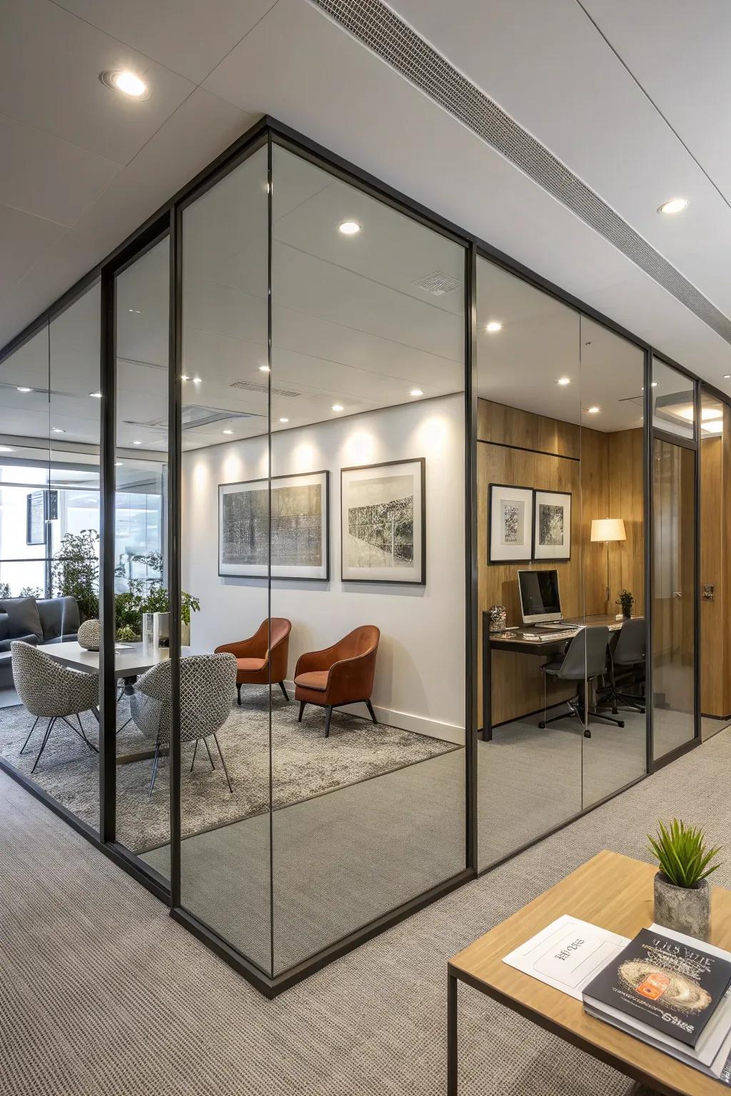 Mirrored room dividers enhance space and light.