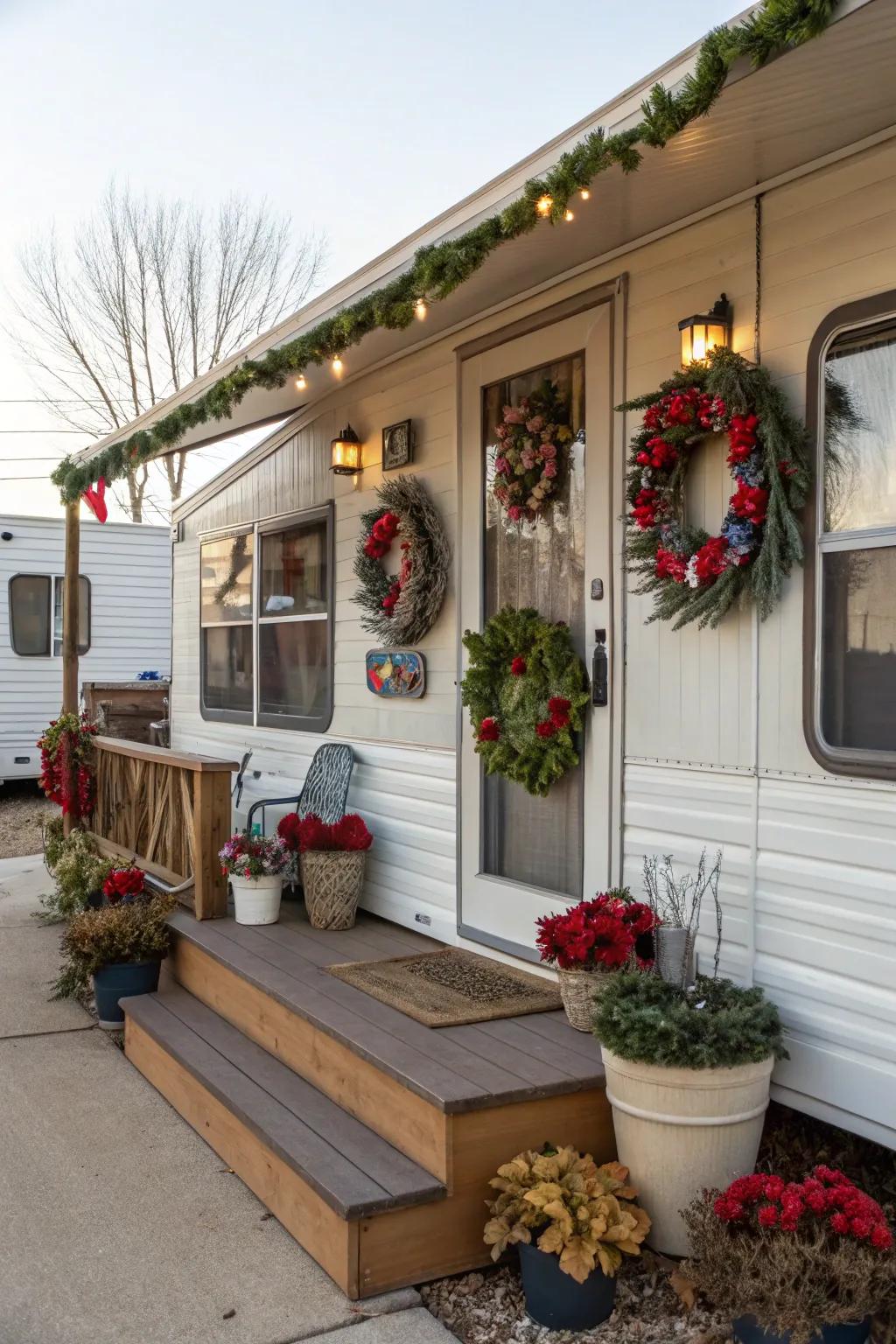 Seasonal garlands and flora contributing a festive touch to a manufactured home.