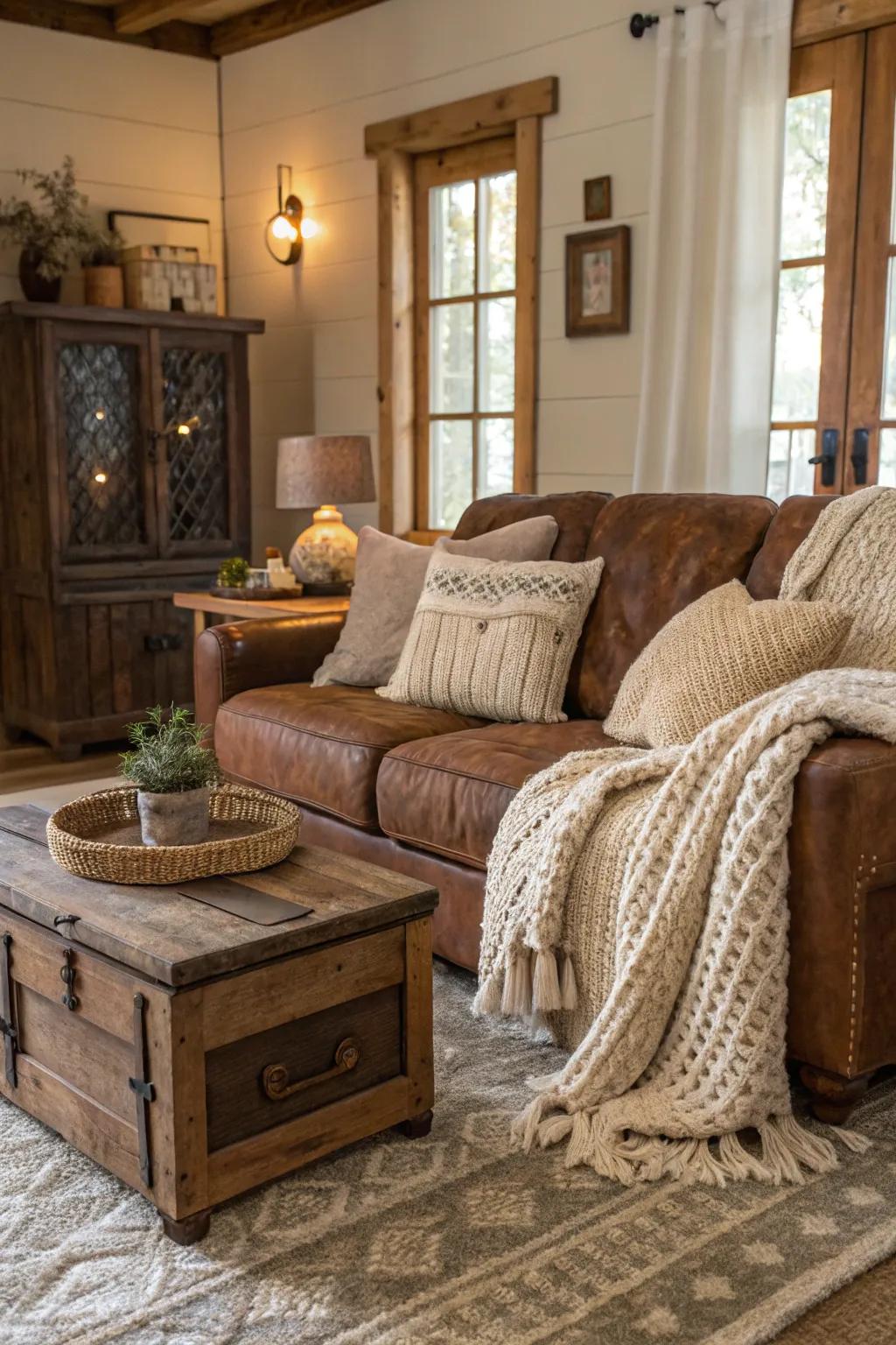Countryside facets establish a warm, inviting refuge across the cocoa-colored sofa.