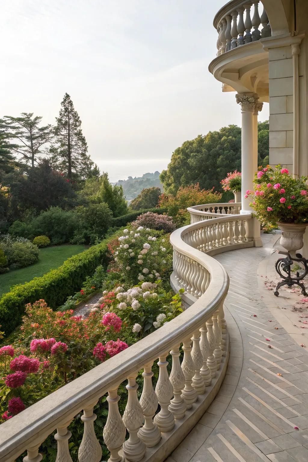 Balcony showcasing gracefully curved railings within a garden environment