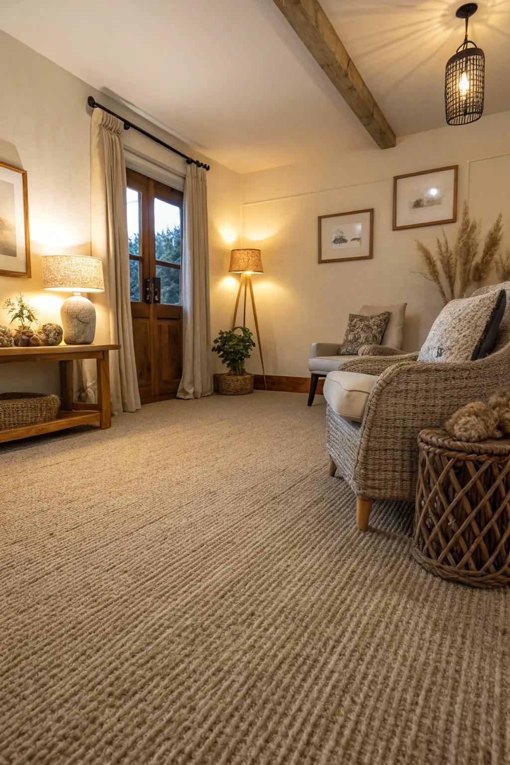 A cozy room featuring an organic harmonious-toned floor covering for a grounded feel