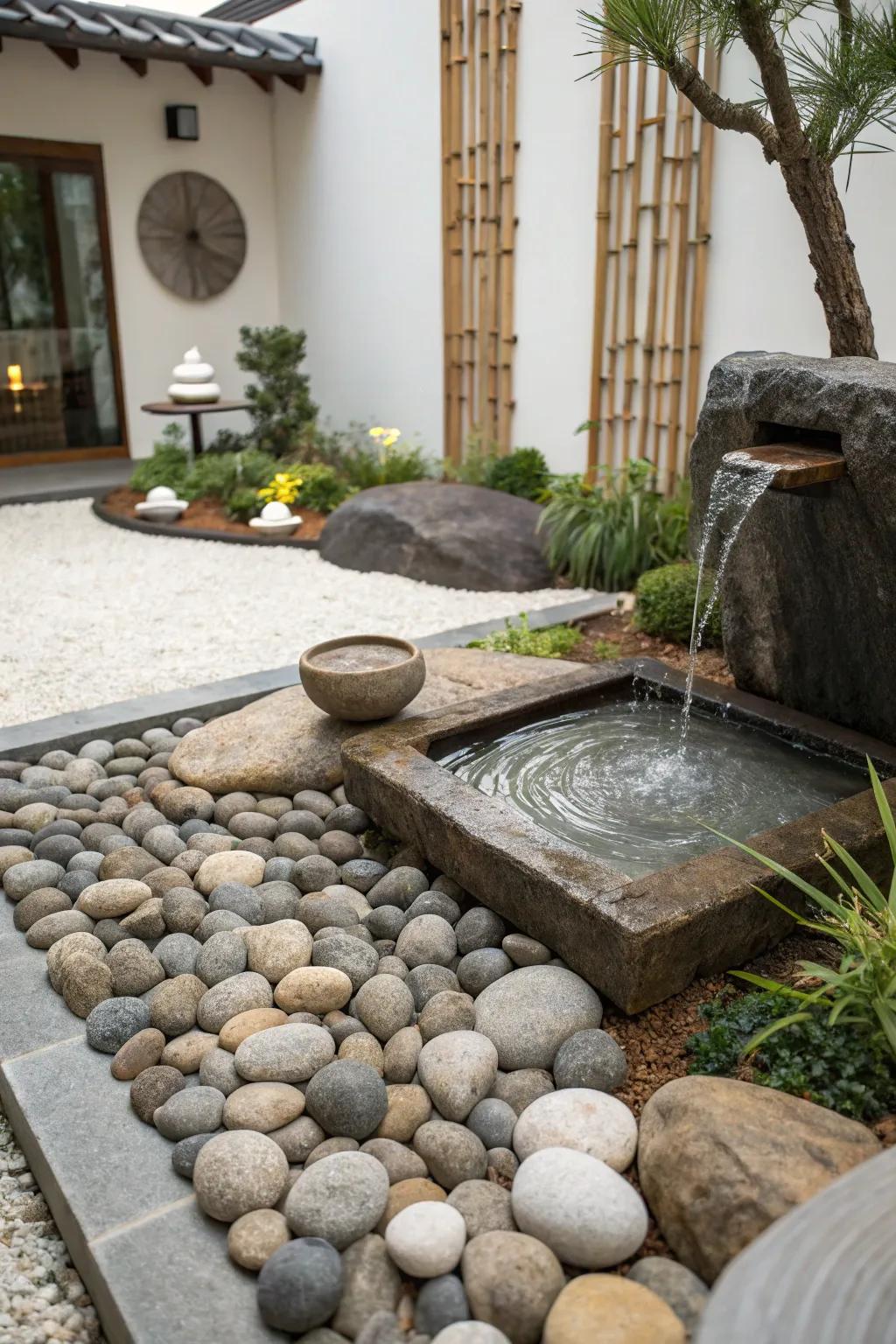 A stone corner garden offers a tranquil haven for contemplation.