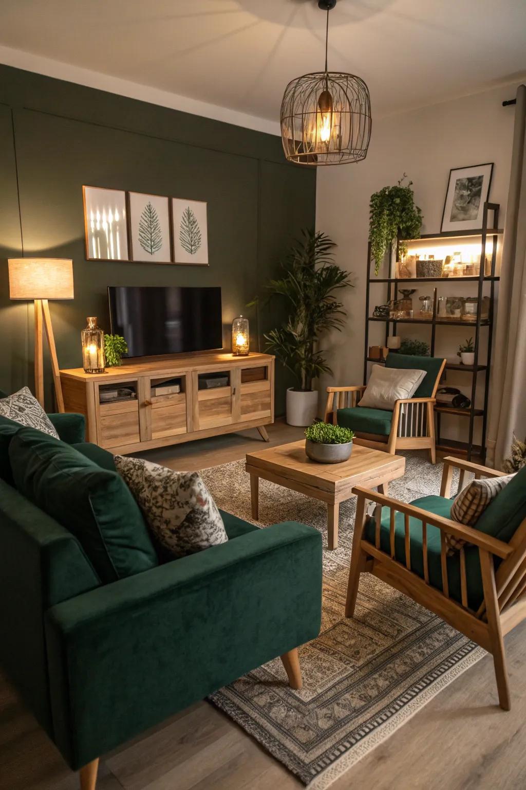 Pale timber furnishings harmonize the richness of deep viridescent design.