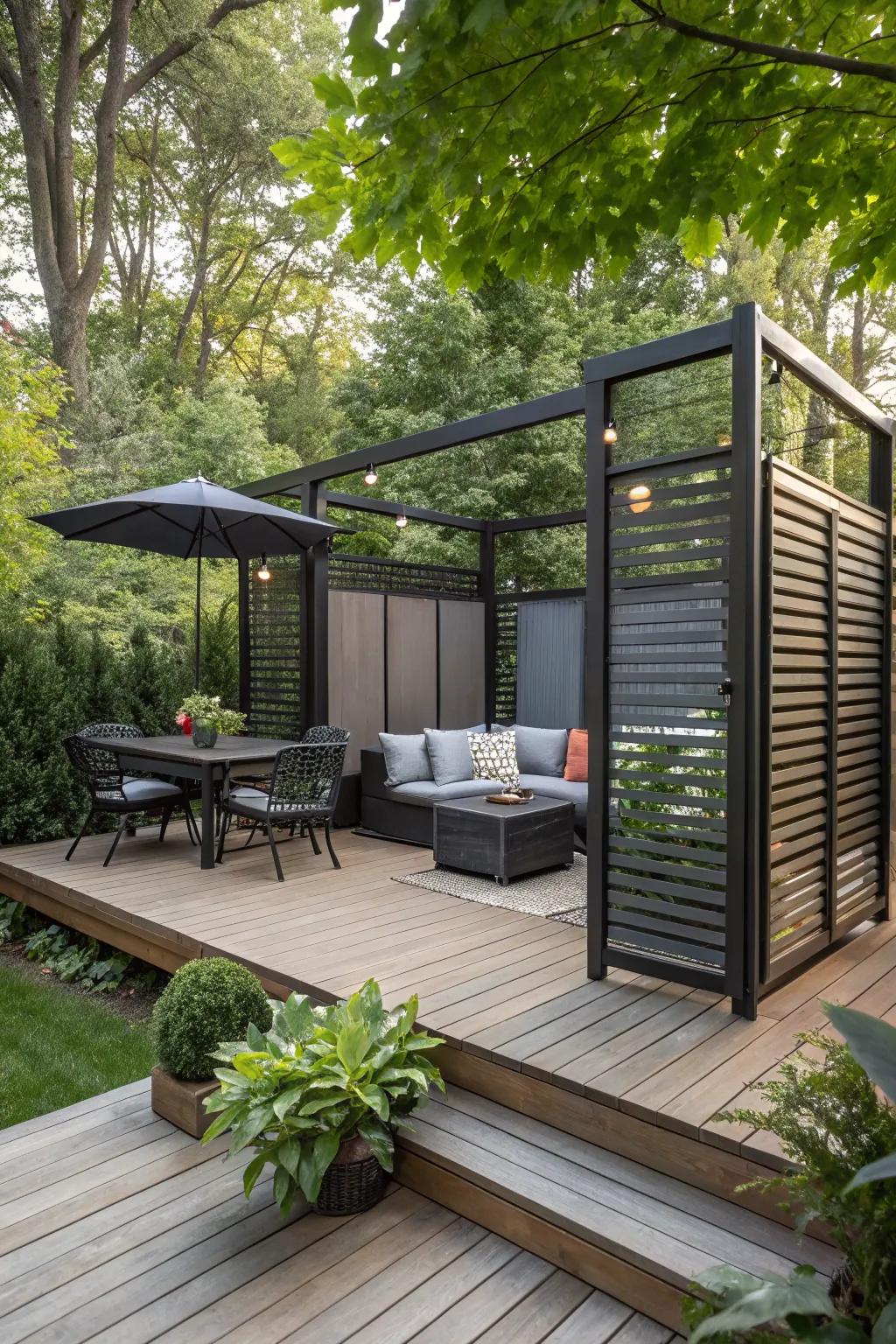 A deck with a privacy screen for an intimate and cozy retreat.