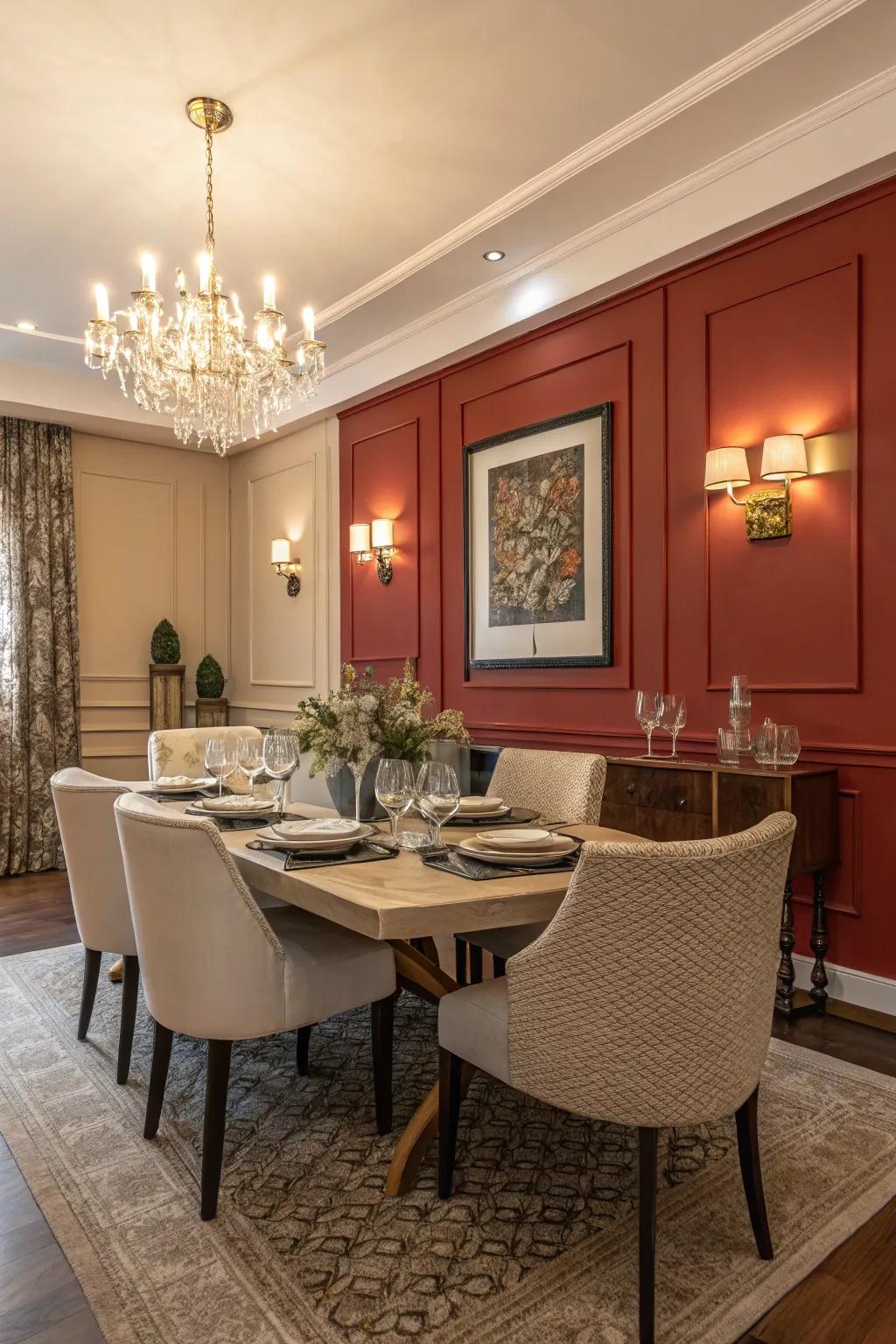 A feature wall enriches a modern dining room with depth and character.