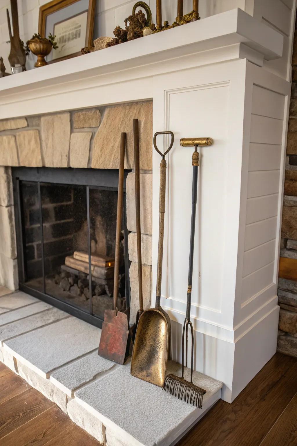Heritage instruments add historical significance to the hearth setting.
