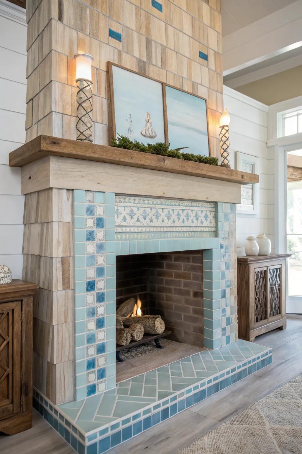 Coastal chic fireplace featuring blue and neutral tiles.