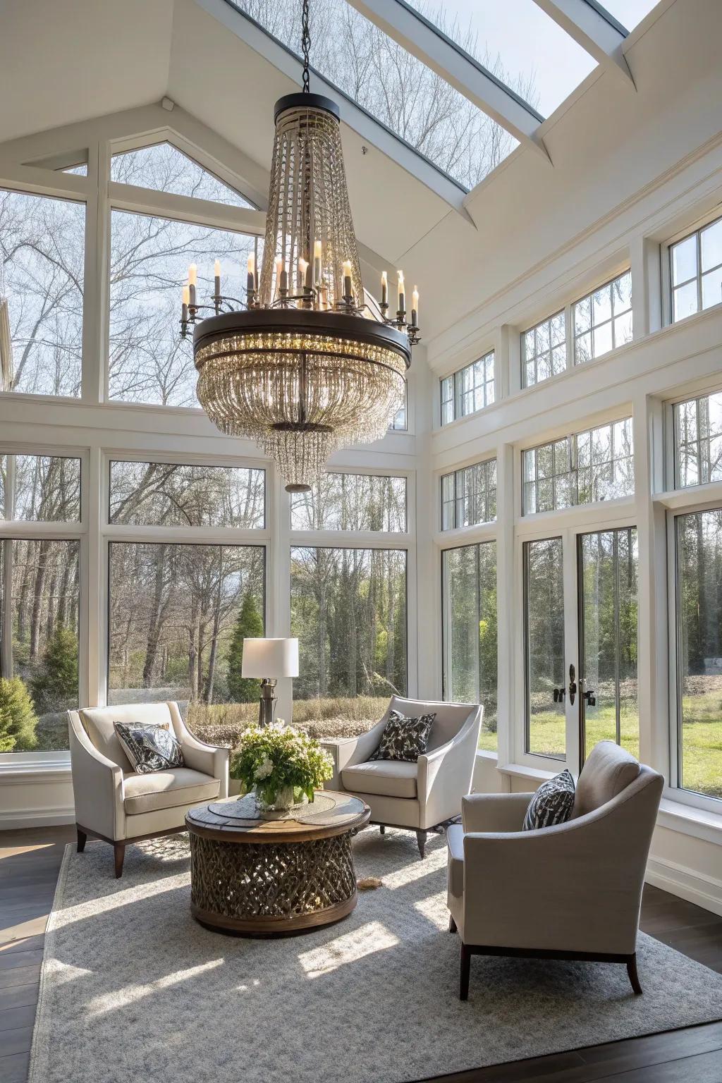 Declaration lighting appends a soupcon of elegance to this sunroom.