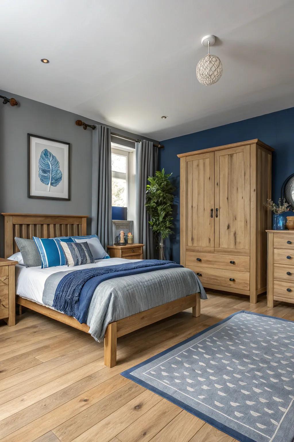 Natural wood merged with ash and azure tones crafts a snug bedroom.
