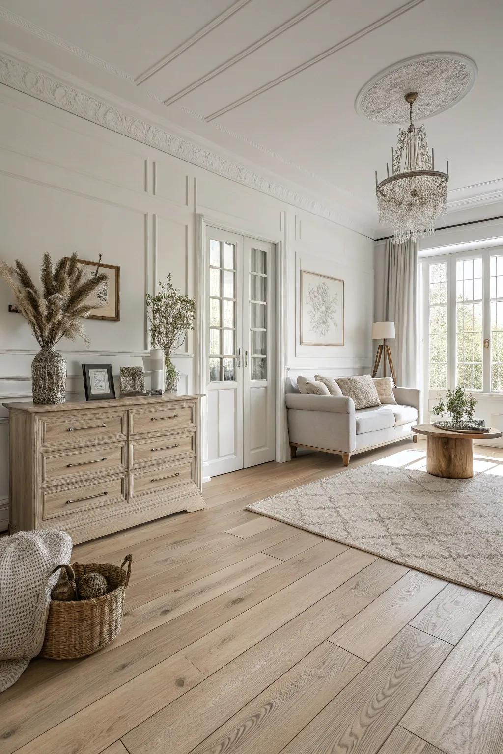 A monochromatic scheme enhances the elegance of pale timber flooring.