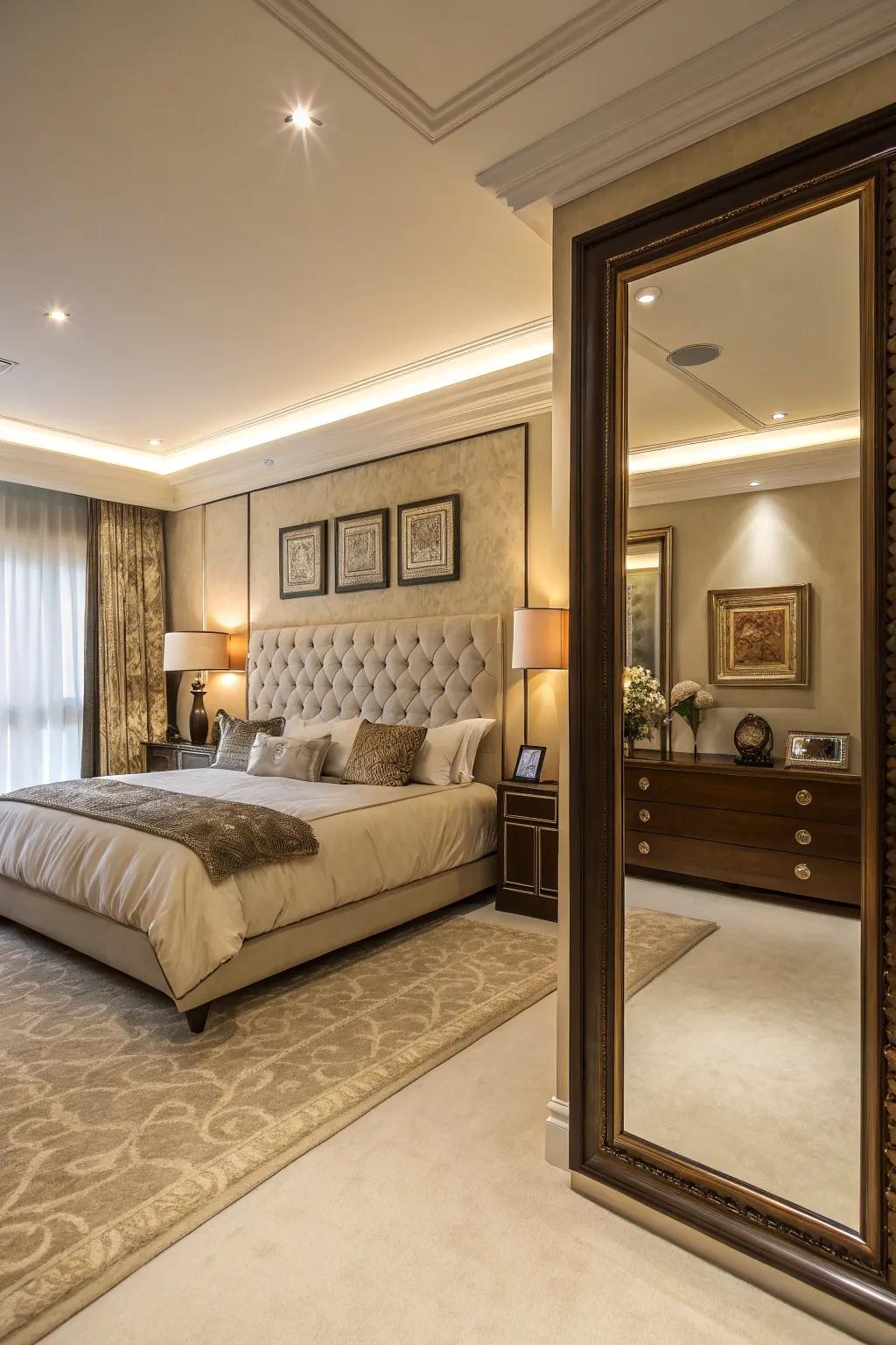 Reflective exteriors enhance the light and area in this bedroom.