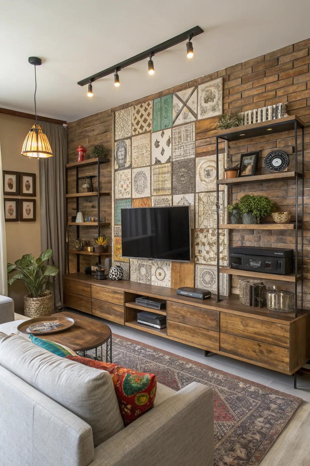 An eclectic amalgamation of materials cultivates a vibrant and dynamic media wall.