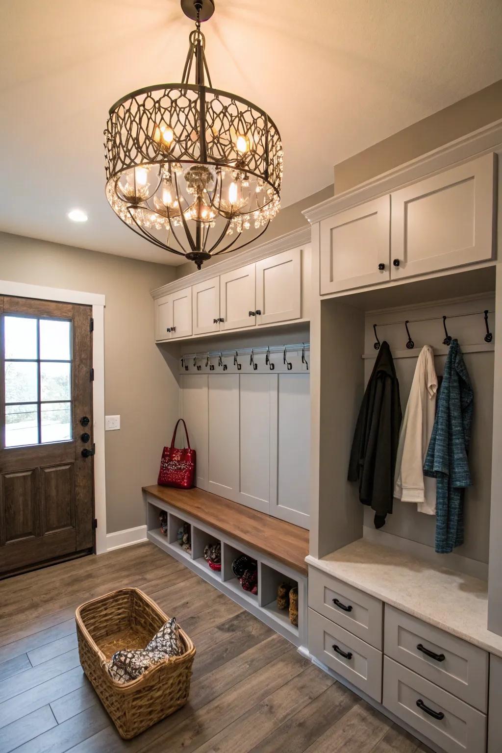 A striking light fixture elevates the mudroom’s design.