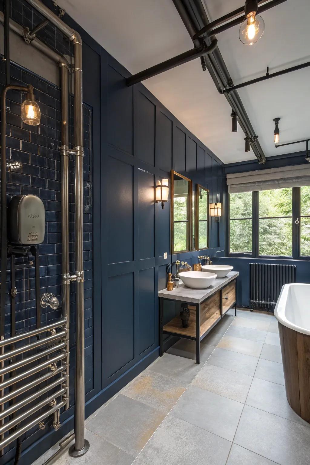 Industrial elements add a raw edge to deep ocean bathrooms.
