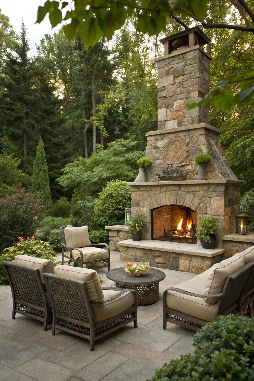 An outdoor stone hearth evolves into the focal attraction for social gatherings.