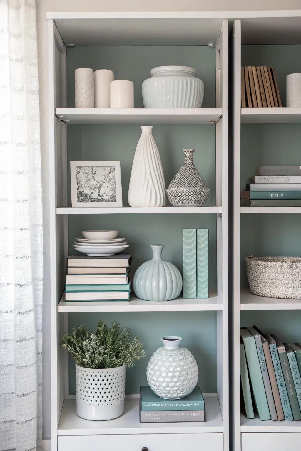 Achieve sophisticated flair with a unicolor shelf aesthetic.