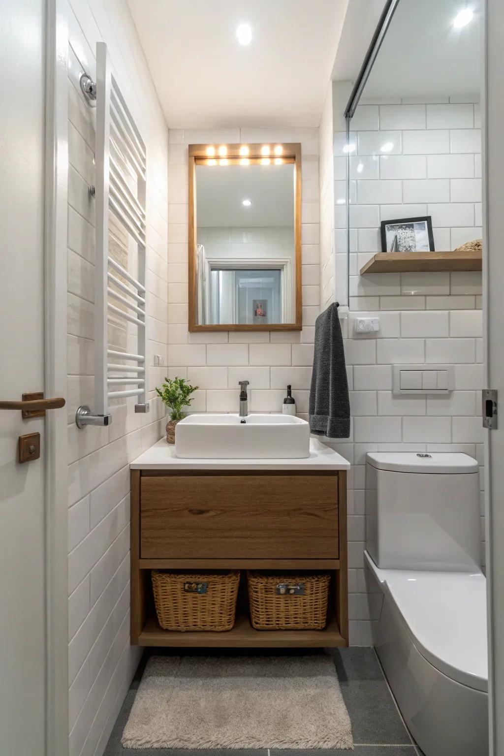 A levitating console introduces modern flair to this compact bathroom.