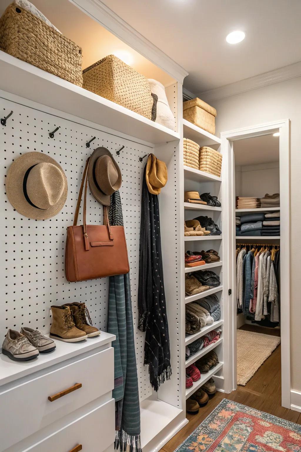 Perforated panel surfaces extend flexible and stylish stowage.