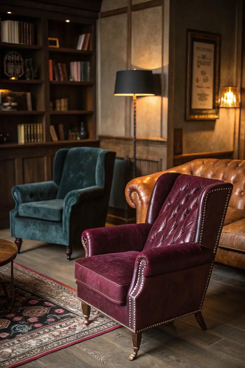 Melancholic materials like velvet and premium create a tactile richness.