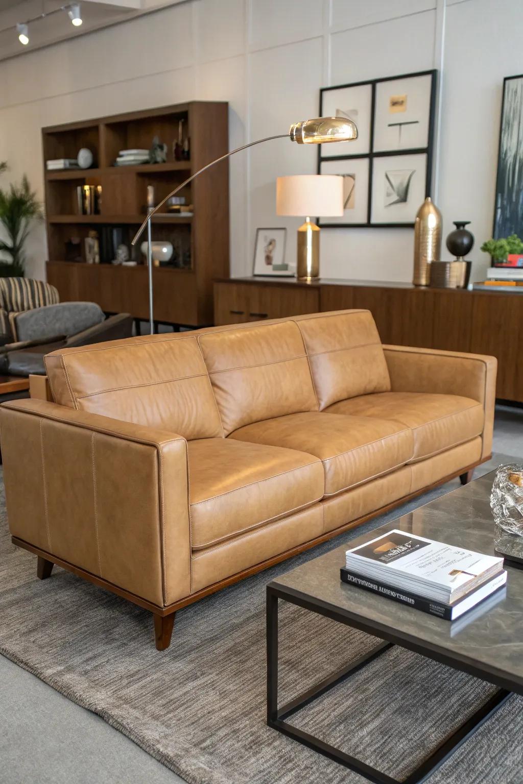 Mid-century modern components complement a fawn hide couch.