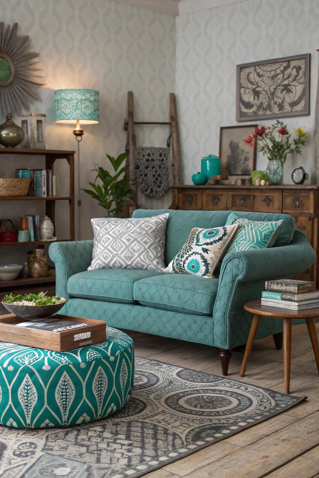 Eclectic patterns and feels bring vibrancy to an aquamarine and ash room.