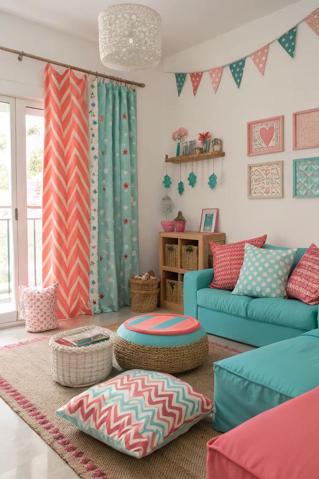 Aquatic Green and coral pink create a playful and lively atmosphere.