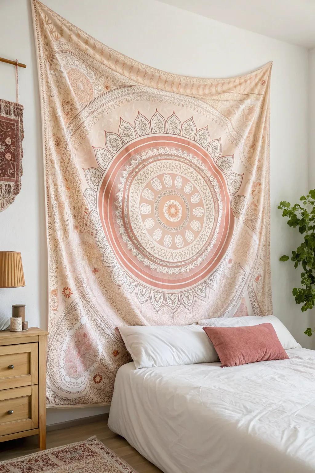 A cloth hanging gives a soft touch to a bed space.