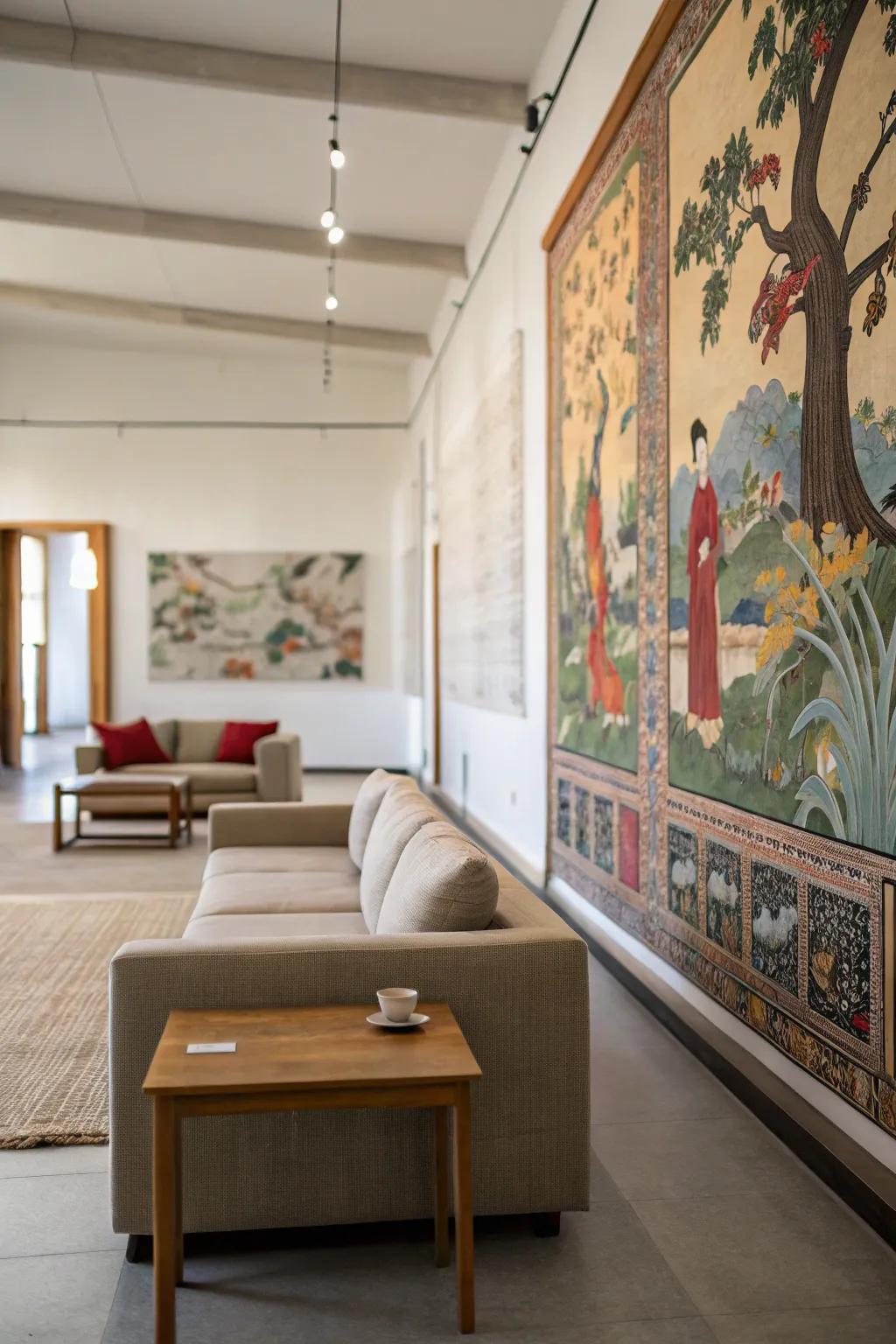 Creative scenery wallcovering turns a room into a gallery-like space.