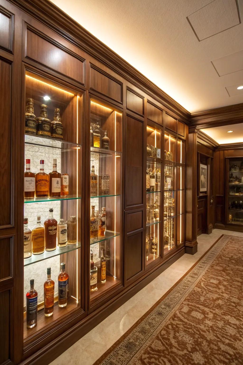 Custom glass displays elegantly showcase your spirits collection.
