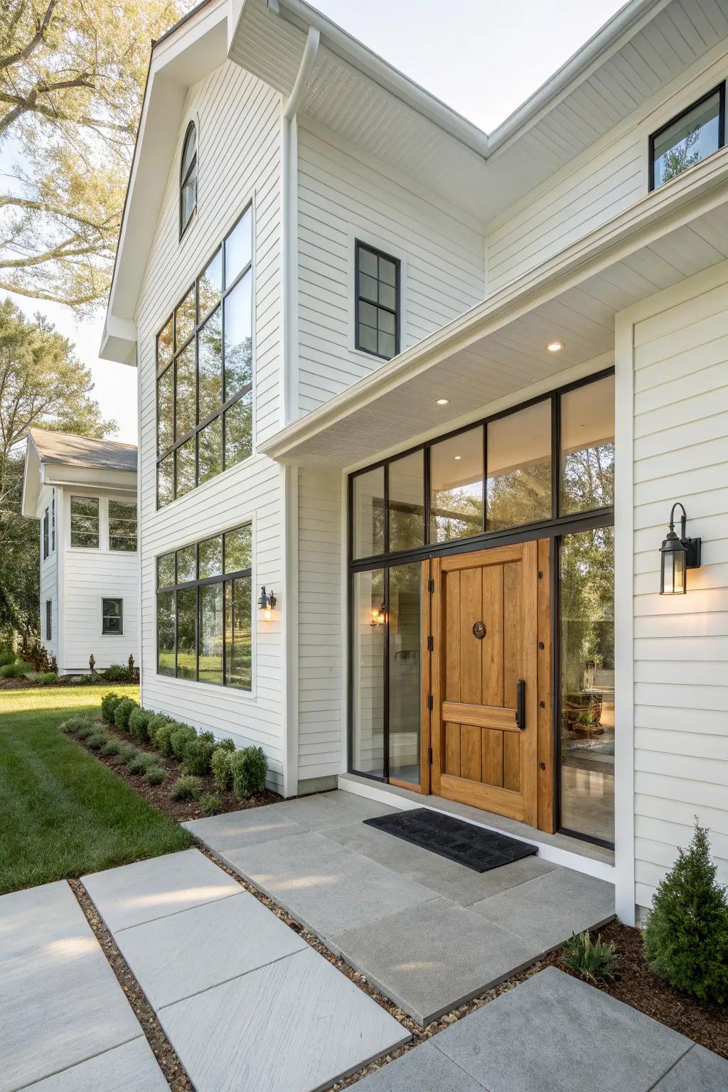 A striking modern doorway that complements the white siding.
