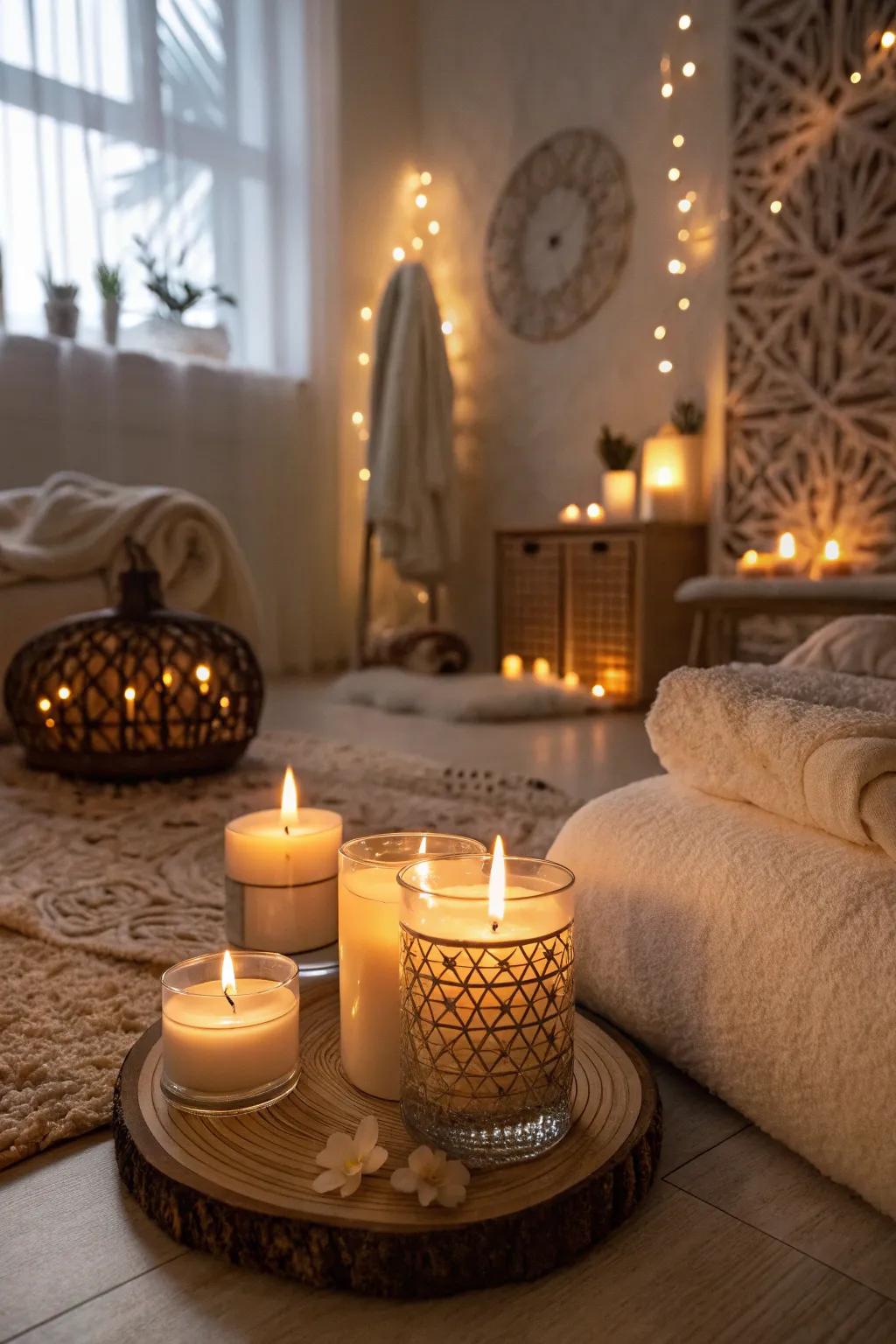 Fragrant wax lights infuse a soothing ambiance to the room.