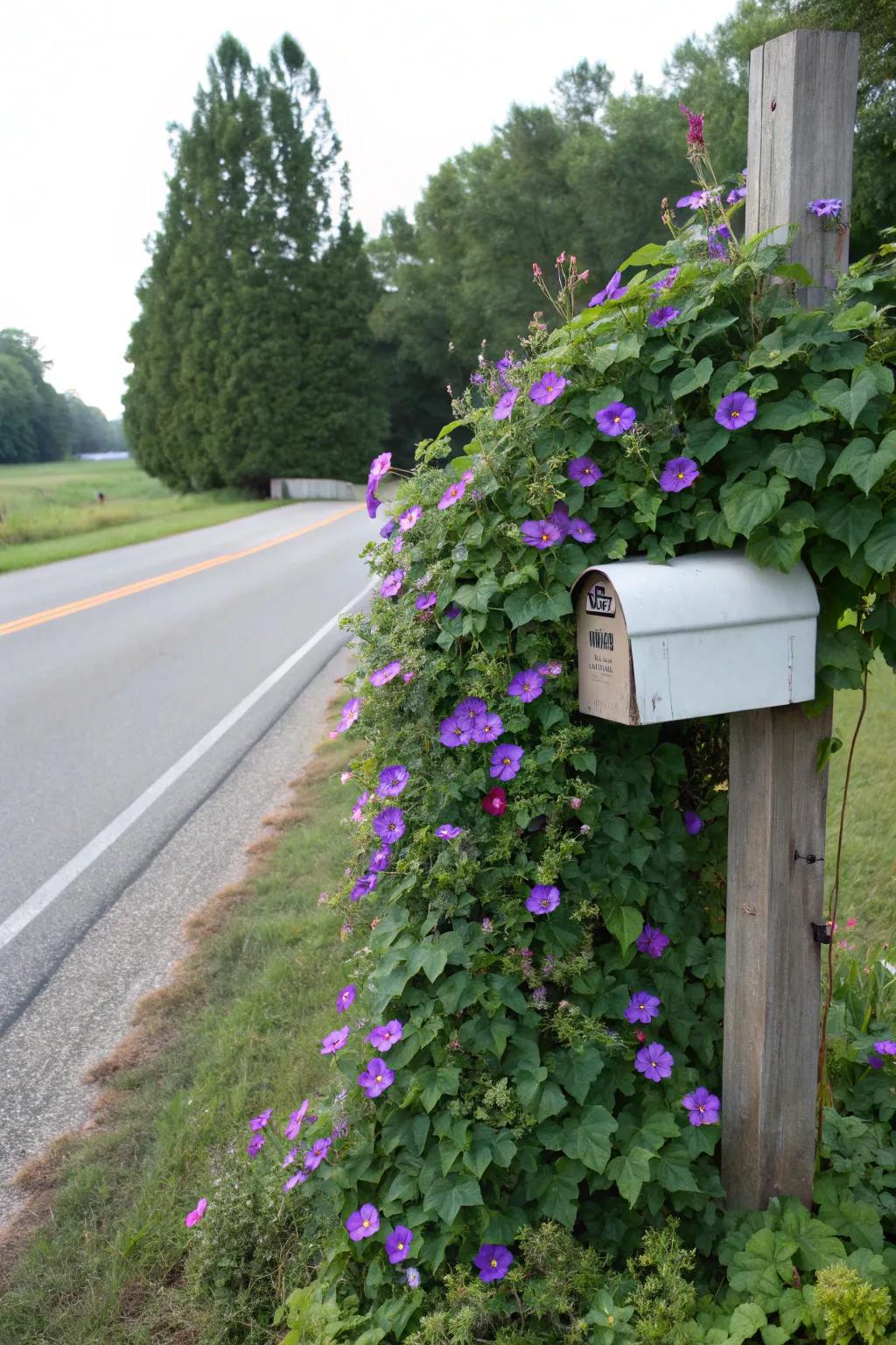A charming mailbox makeover featuring vivid Heavenly trumpets.