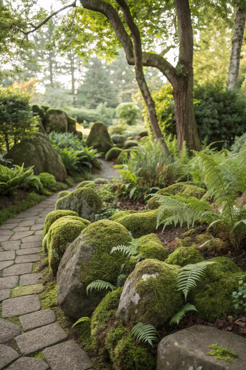 A vibrant planting area combining algae stones and vibrant herbaceous plants.
