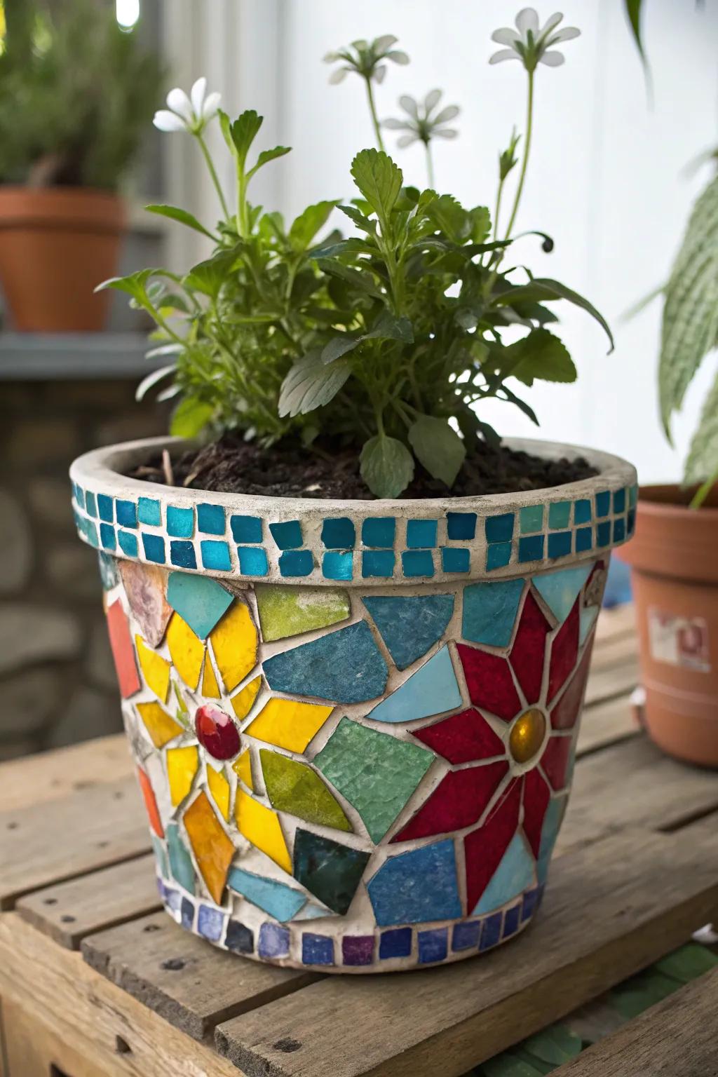 A flower pot embellished using a dynamic mosaic.