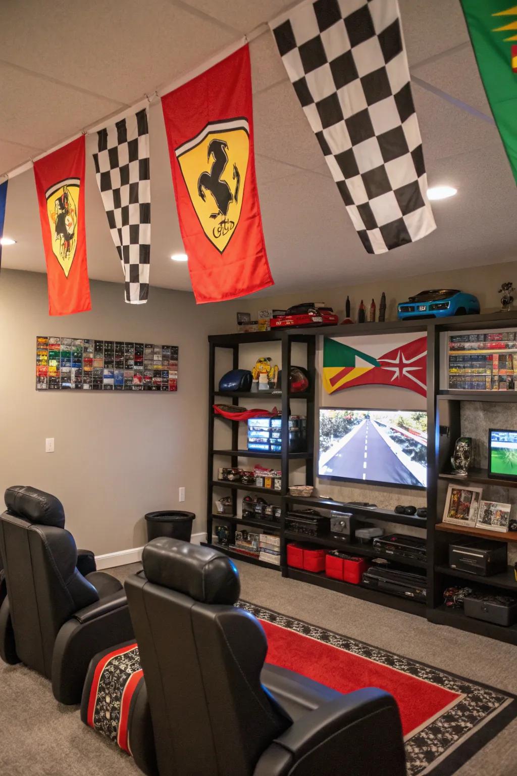 Racing flags that serve as vibrant accents within a rec room.