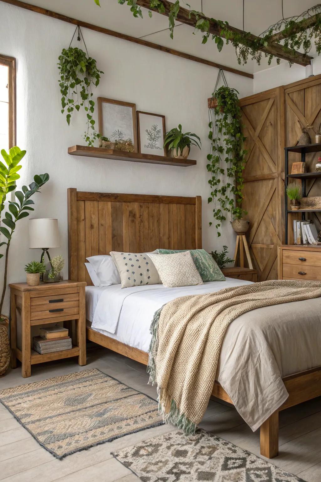 A remarkable bedroom featuring a custom timber headboard as a focal point.
