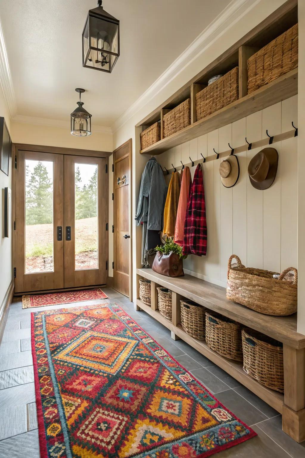 Entryway with a statement ground cover that introduces texture and character to the area.
