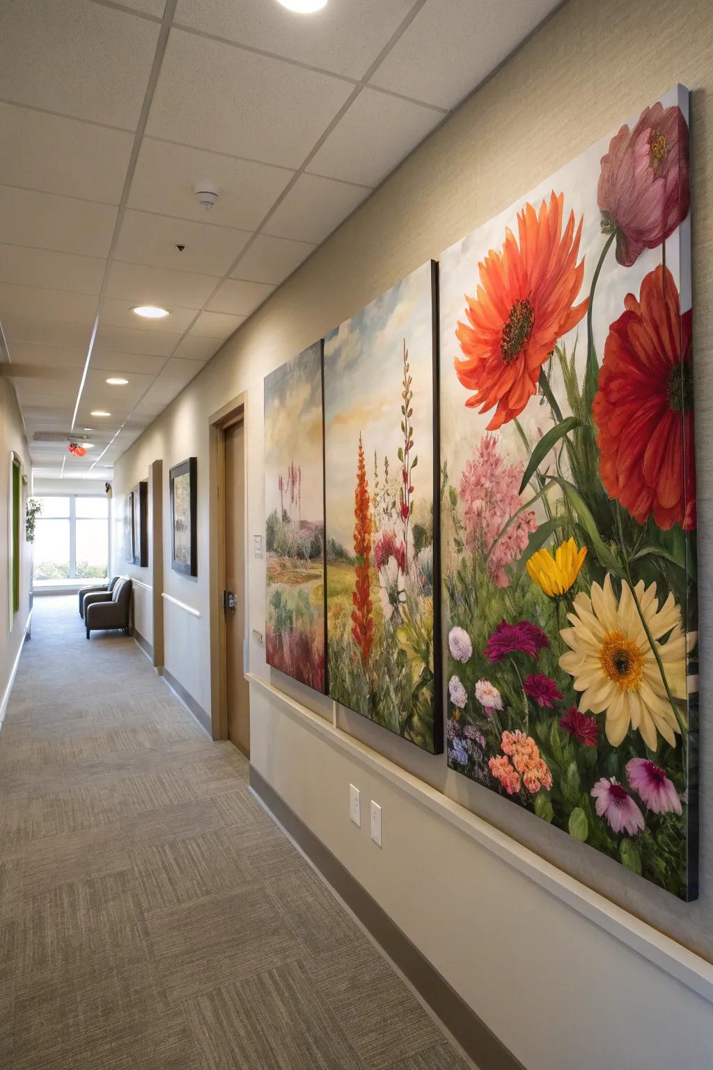 A garden of glowing flower paintings across multiple canvases, lightening up the hallway.