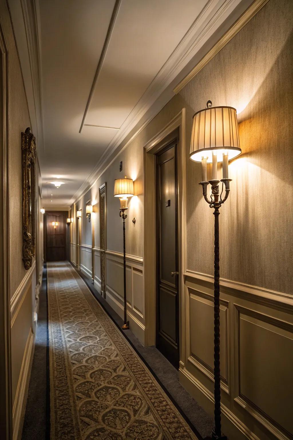Layered lighting enhances your hallway with depth and warmth.
