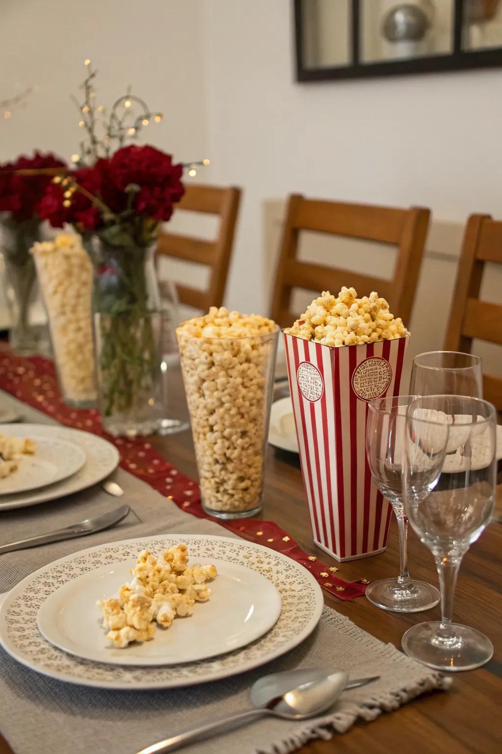 A fashionable dining surface showcasing inventive popcorn-themed configurations.